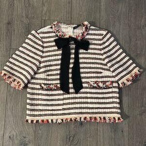 Zara Striped Tweed Blouse with Black Bow